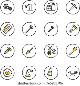 line vector icon set - gear vector, oil derrick, plant, axe, trowel, nail, screw, bolt, clinch, rivet, wood drill, saw disk, winch, pipe welding