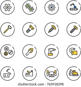 line vector icon set - gear vector, conveyor, sledgehammer, bolt, screw, rivet, tile drill, machine tool, welding, stapler, sharpening, excavator toy