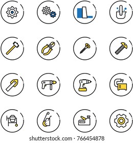 line vector icon set - gear vector, water power plant, casting of steel, sledgehammer, side cutters, screw, tile drill, machine, tool, cocncrete mixer, winch, stapler