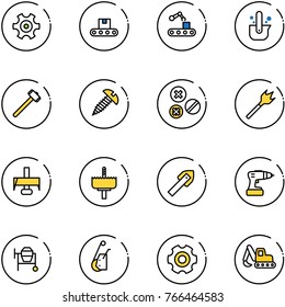 line vector icon set - gear vector, conveyor, casting of steel, sledgehammer, screw, rivet, wood drill, milling cutter, crown, tile, cocncrete mixer, winch, excavator toy
