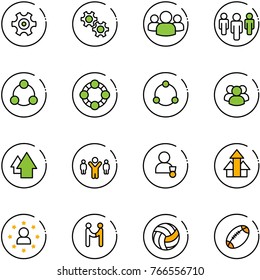 line vector icon set - gear vector, group, social, friends, community, arrow up, team leader, winner, arrows, star man, agreement, volleyball, football