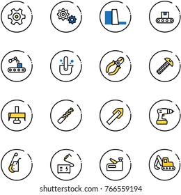 line vector icon set - gear vector, water power plant, conveyor, casting of steel, side cutters, screw, milling cutter, drill, tile, winch, welding, stapler, excavator toy