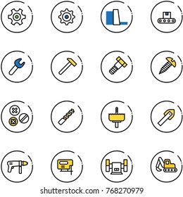 line vector icon set - gear vector, water power plant, conveyor, wrench, hammer, bolt, screw, rivet, drill, crown, tile, machine, jig saw, sharpening, excavator toy