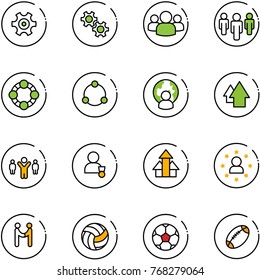 line vector icon set - gear vector, group, friends, community, man globe, arrow up, team leader, winner, arrows, star, agreement, volleyball, soccer ball, football