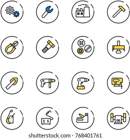 line vector icon set - gear vector, wrench, plant, hammer, side cutters, bolt, rivet, milling cutter, tile drill, machine, jig saw, winch, welding, stapler, sharpening