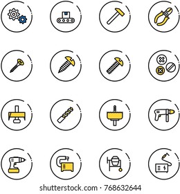 line vector icon set - gear vector, conveyor, hammer, side cutters, screw, rivet, milling cutter, drill, crown, machine, tool, cocncrete mixer, welding