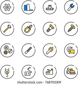 line vector icon set - gear vector, water power plant, conveyor, wrench, sledgehammer, side cutters, bolt, screw, rivet, drill, tile, machine tool, winch, welding, stapler, excavator toy