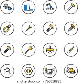 line vector icon set - gear vector, water power plant, conveyor, hammer, side cutters, screw, bolt, wood drill, milling cutter, cocncrete mixer, sharpening, excavator toy