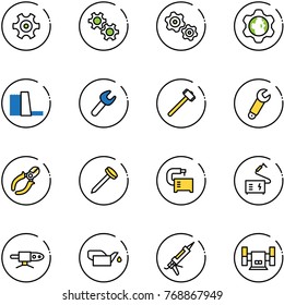 line vector icon set - gear vector, gears, globe, water power plant, wrench, sledgehammer, side cutters, nail, machine tool, welding, pipe, oiler, gun sealant, sharpening