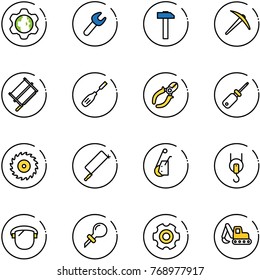 line vector icon set - gear globe vector, wrench, hammer, axe, bucksaw, chisel, side cutters, screwdriver, saw disk, metal hacksaw, winch, protect glass, oiler, excavator toy