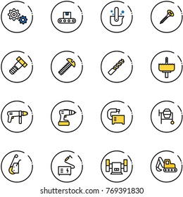 line vector icon set - gear vector, conveyor, casting of steel, screw, bolt, drill, crown, machine, tool, cocncrete mixer, winch, welding, sharpening, excavator toy