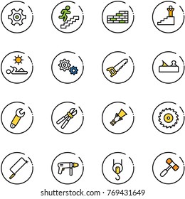 line vector icon set - gear vector, career, brick wall, success, reading, saw, jointer, wrench, bolt cutter, dowel, disk, metal hacksaw, drill machine, winch, toy hammer