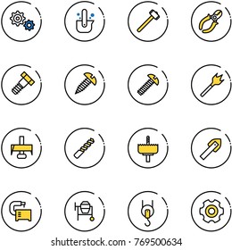 line vector icon set - gear vector, casting of steel, sledgehammer, side cutters, bolt, screw, wood drill, milling cutter, crown, tile, machine tool, cocncrete mixer, winch