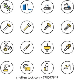 line vector icon set - gear vector, water power plant, conveyor, hammer, sledgehammer, screw, rivet, drill, crown, tile, machine tool, winch, stapler