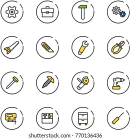 line vector icon set - gear vector, portfolio, work, saw, knife, wrench, side cutters, nail, screw, Angular grinder, drill, jig, tool box, cabinet, awl
