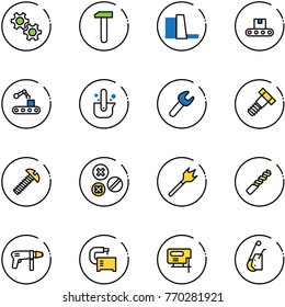 line vector icon set - gear vector, work, water power plant, conveyor, casting of steel, wrench, bolt, screw, rivet, wood drill, machine, tool, jig saw, winch