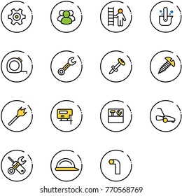 line vector icon set - gear vector, group, opportunity, casting of steel, measuring tape, wrench, nail dowel, screw, wood drill, jig saw, tool box, lawn mower, screwdriver, construction helmet