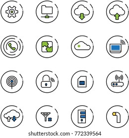 line vector icon set - gear vector, network folder, download cloud, upload, phone horn, puzzle, notebook wi fi, antenna, wireless lock, sim, router, exchange data, no signal, server, allen key