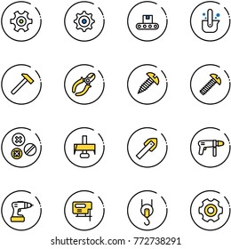 line vector icon set - gear vector, conveyor, casting of steel, hammer, side cutters, screw, rivet, milling cutter, tile drill, machine, jig saw, winch