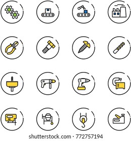 line vector icon set - gear vector, conveyor, plant, side cutters, bolt, screw, drill, crown, machine, tool, jig saw, cocncrete mixer, winch, stapler
