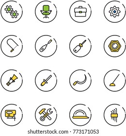 line vector icon set - gear vector, office chair, portfolio, fretsaw, chisel, screwdriver, nut, dowel, clinch, sickle, hoe, jig saw, wrench hammer, construction helmet, allen key set