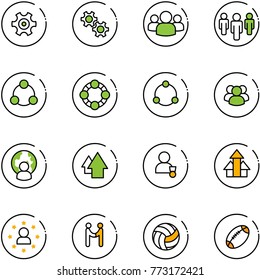 line vector icon set - gear vector, group, social, friends, community, man globe, arrow up, winner, arrows, star, agreement, volleyball, football