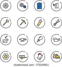 line vector icon set - gear vector, battery, oil derrick, sledgehammer, axe, wrench, welding, pipe, oiler, trailer, chicken toy, excavator