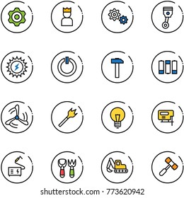 line vector icon set - gear vector, king, piston, sun power, standby button, hammer, battery, wind mill, wood drill, bulb, jig saw, welding, shovel fork toy, excavator