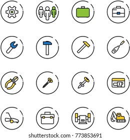 line vector icon set - gear vector, group, case, wrench, hammer, chisel, side cutters, screw, nail dowel, generator, lawn mower, tool box, sharpening, excavator toy