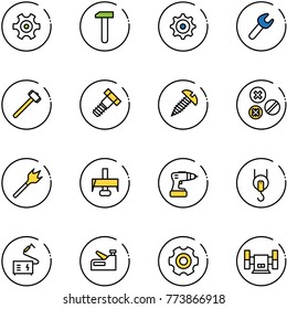 line vector icon set - gear vector, work, wrench, sledgehammer, bolt, screw, rivet, wood drill, milling cutter, winch, welding, stapler, sharpening