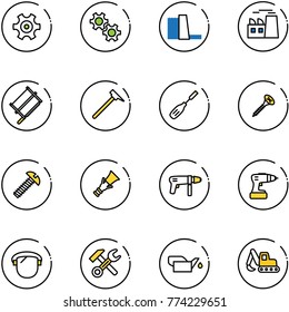 line vector icon set - gear vector, water power plant, bucksaw, mason hammer, chisel, screw, dowel, drill machine, protect glass, wrench, oiler, excavator toy
