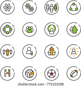 line vector icon set - gear vector, group, social, friends, man globe, arrow up, team leader, winner, arrows, star, agreement, volleyball, soccer ball, football