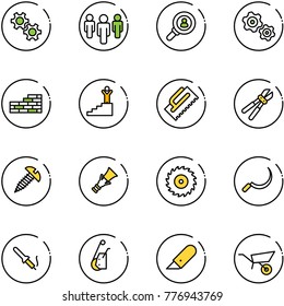 line vector icon set - gear vector, group, head hunter, gears, brick wall, success, trowel, bolt cutter, screw, dowel, saw disk, sickle, soldering iron, winch, work knife, wheelbarrow