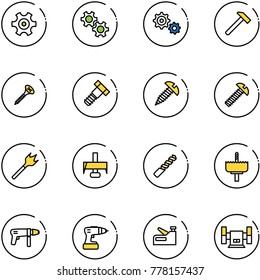 line vector icon set - gear vector, hammer, screw, bolt, wood drill, milling cutter, crown, machine, stapler, sharpening
