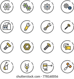 line vector icon set - gear vector, plant, wrench, screw, bolt, nut, machine tool, winch, laser lever, toy hammer