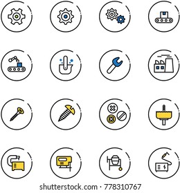 line vector icon set - gear vector, conveyor, casting of steel, wrench, plant, screw, rivet, crown drill, machine tool, jig saw, cocncrete mixer, welding