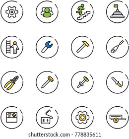 line vector icon set - gear vector, group, career, pyramid flag, opportunity, wrench, hammer, chisel, pliers, nail, dowel, soldering iron, tool box, welding, trailer