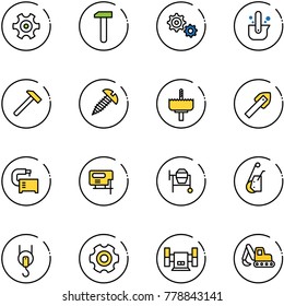 line vector icon set - gear vector, work, casting of steel, hammer, screw, crown drill, tile, machine tool, jig saw, cocncrete mixer, winch, sharpening, excavator toy