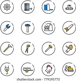 line vector icon set - gear vector, sun panel, water power plant, conveyor, wrench, hammer, saw, mason, plumber, nail, Angular grinder, winch, trailer, chicken toy, excavator