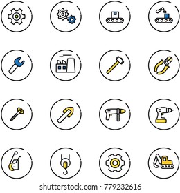 line vector icon set - gear vector, conveyor, wrench, plant, sledgehammer, side cutters, screw, tile drill, machine, winch, excavator toy