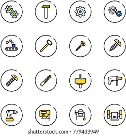 line vector icon set - gear vector, work, conveyor, sledgehammer, screw, drill, crown, machine, jig saw, cocncrete mixer, sharpening