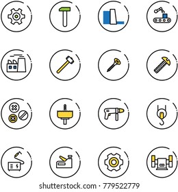 line vector icon set - gear vector, work, water power plant, conveyor, sledgehammer, screw, rivet, crown drill, machine, winch, welding, stapler, sharpening