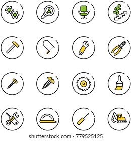 line vector icon set - gear vector, head hunter, office chair, career, hammer, fretsaw, wrench, pliers, screw, saw disk, brush, screwdriver, construction helmet, awl, excavator toy