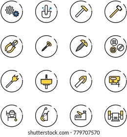 line vector icon set - gear vector, casting of steel, hammer, sledgehammer, side cutters, screw, rivet, wood drill, crown, tile, jig saw, cocncrete mixer, winch, stapler, sharpening