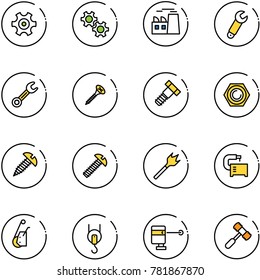 line vector icon set - gear vector, plant, wrench, screw, bolt, nut, wood drill, machine tool, winch, laser lever, toy hammer