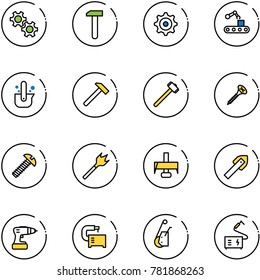line vector icon set - gear vector, work, conveyor, casting of steel, hammer, sledgehammer, screw, wood drill, milling cutter, tile, machine tool, winch, welding