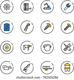 line vector icon set - gear vector, sun panel, conveyor, wrench, battery, plumber, screw, saw disk, drill machine, protect glass, screwdriver, oiler, gun sealant, trailer, toy block house