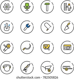 line vector icon set - gear vector, office chair, work, opportunity, casting of steel, wrench, fretsaw, trowel, Angular grinder, sickle, jig saw, generator, protect glass, gun sealant, wheelbarrow