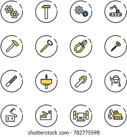 line vector icon set - gear vector, work, conveyor, hammer, sledgehammer, side cutters, screw, drill, crown, tile, cocncrete mixer, welding, stapler, sharpening, excavator toy