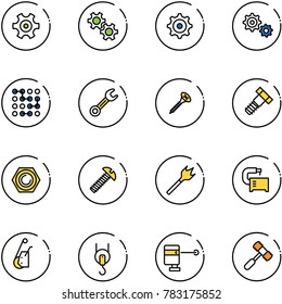 line vector icon set - gear vector, circuit, wrench, screw, bolt, nut, wood drill, machine tool, winch, laser lever, toy hammer